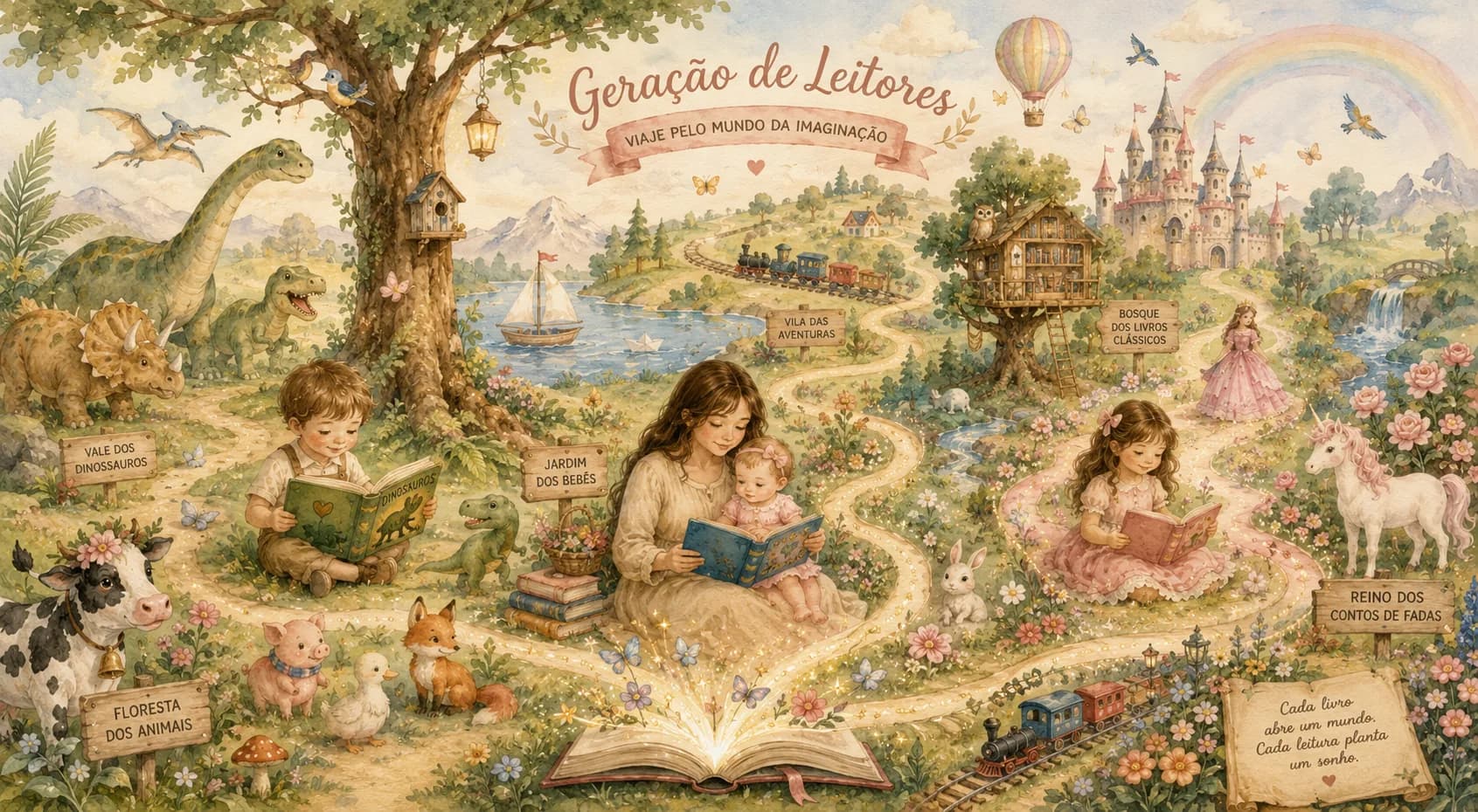 Mapa ilustrado de um mundo de histórias infantis: uma mãe lendo com o bebê no colo, cercada por um vale de dinossauros, uma floresta de animais, um castelo, uma princesa, um unicórnio e placas indicando o Jardim dos Bebês, a Vila das Aventuras, o Bosque dos Livros Clássicos e o Reino dos Contos de Fadas, sob o título Geração de Leitores