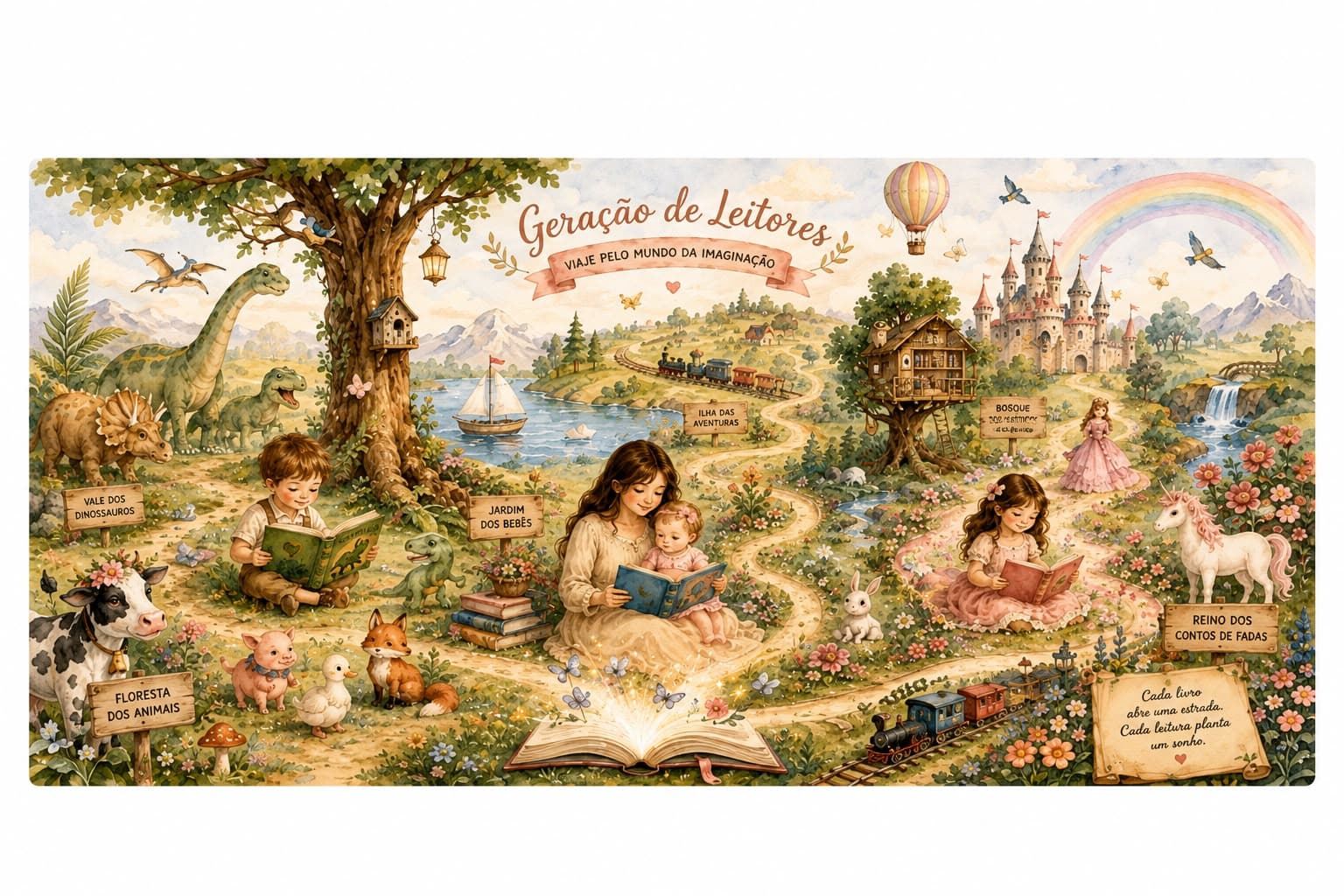Mapa ilustrado de um mundo de histórias infantis: uma mãe lendo com o bebê no colo, cercada por um vale de dinossauros, uma floresta de animais, um castelo, uma princesa, um unicórnio e placas indicando o Jardim dos Bebês, a Vila das Aventuras, o Bosque dos Livros Clássicos e o Reino dos Contos de Fadas, sob o título Geração de Leitores