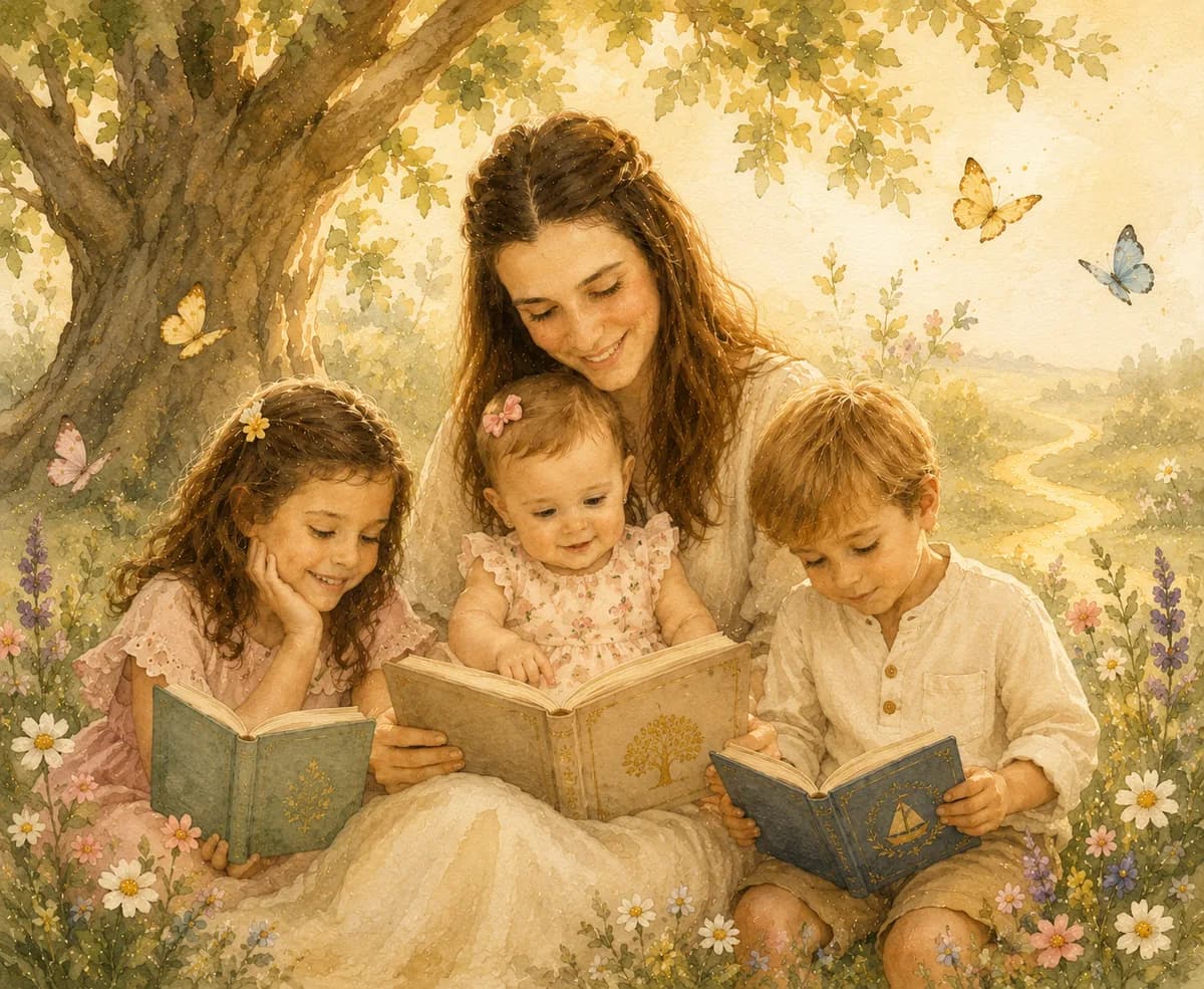 Uma mãe lendo um livro com três crianças, sentados na grama sob uma árvore