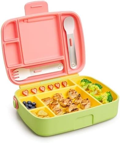 Munchkin Lancheira para crianças e crianças, inclui utensílios de aço inoxidável, sem BPA, acima de 18 meses, rosa/verde/amarelo