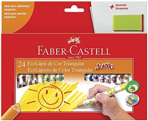 Lápis de Cor, Faber-Castell, Ecolápis Triangular Jumbo + Apontador com Depósito, 12.3024AP, 24 Cores
