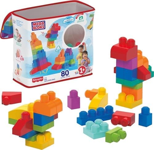 MEGA BLOKS, Kit com Sacola Azul e 80 Blocos de Montar, Brinquedo de Construção, Pré-escola, A partir de 1 ano