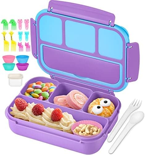 Lancheira Bento Box QQKO com 4 Compartimentos, Pote para Molhos, Talheres, Palitos de Comida e Forminhas de Muffin para Escola – Roxa